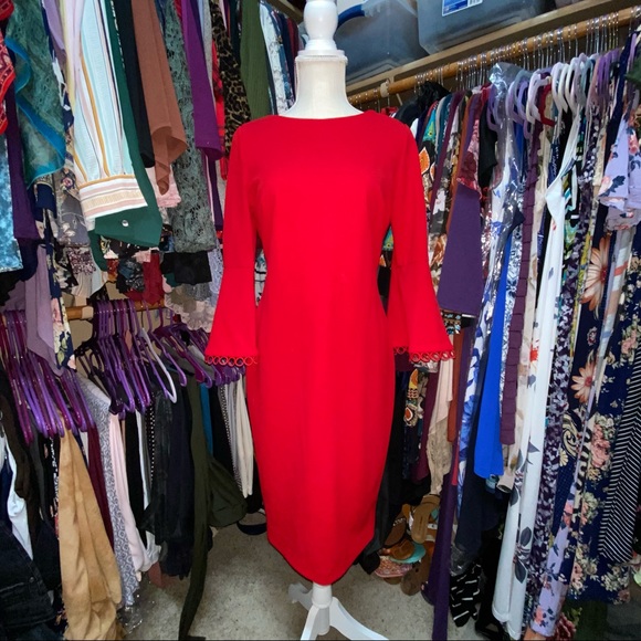 Calvin Klein Dresses & Skirts - Calvin Klein Long Bell sleeve dress Red